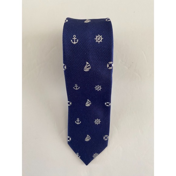 Zara Other - Zara Man Skinny Tie Blue Nautical Anchor Sailboat Wheel Italian Fabric #61